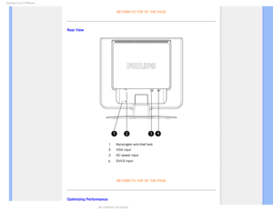 Page 60*OTUBMMJOH:PVS-$%.POJUPS

RETURN TO TOP OF THE PAGE
Rear View

1 Kensington anti-thief lock 
2 VGA input
3 AC power input
4.
DVI-D input

RETURN TO TOP OF THE PAGE
Optimizing Performance
  
 

 