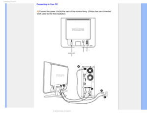 Page 63$POOFDUJOHUP:PVS1$

Connecting to Your PC1) Connect the power cord to the back of the monitor firmly. (Philips has\
 pre-connected 
VGA cable for the first installation.

  
 

 