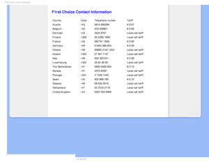 Page 78STU$IPJDF$POUBDU*OGPSNBUJPO

    

 
 
 
 
 
F1rst Choice Contact Information
CountryCode Telephone number Tariff
Austria +43 0810 000206  € 0.07
Belgium +32 078 250851  € 0.06
Denmark +45 3525 8761 Local call tariff
Finland +358 09 2290 1908 Local call tariff
France +33 082161 1658  € 0.09
Germany +49 01803 386 853  € 0.09
Greece +30 00800 3122 1223 Local call tariff
Ireland +353 01 601 1161 Local call tariff
Italy +39 840 320 041  € 0.08
Luxembourg +352 26 84 30 00 Local call...