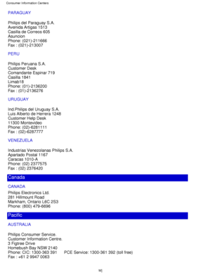 Page 71PARAGUAY 
Philips del Paraguay S.A. 
Avenida Artigas 1513 
Casilla de Correos 605 
Asuncion 
Phone: (021)-211666 
Fax : (021)-213007
PERU 
Philips Peruana S.A. 
Customer Desk 
Comandante Espinar 719 
Casilla 1841 
Limab18 
Phone: (01)-2136200 
Fax : (01)-2136276
URUGUAY 
Ind.Philips del Uruguay S.A. 
Luis Alberto de Herrera 1248 
Customer Help Desk 
11300 Montevideo 
Phone: (02)-6281111 
Fax : (02)-6287777
VENEZUELA 
Industrias Venezolanas Philips S.A. 
Apartado Postal 1167 
Caracas 1010-A 
Phone: (02)...