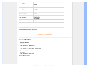 Page 341SPEVDU*OGPSNBUJPO
- Video75 ohm
- Sync 2.2K ohm
• Input signal levels 0.7 Vpp
• Sync input signal Separate sync
 Composite sync 
Sync on green

• Sync polarities
Positive and negative

* This data is subject to change without notice.

RETURN TO TOP OF THE PAGE
Resolution & Preset Modes
A.
Maximum Resolution  
- For 190C1

1440 x 900 at 75 Hz (analog input)
1440Y900 at 75 Hz (digital input)* selected models
B. Recommended Resolution
- For 190C1
1440 x 900 at 60 Hz (digital input)
13 factory...