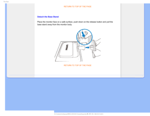 Page 725IF#BTF
RETURN TO TOP OF THE PAGE

Detach the Base Stand
Place the monitor face on a safe surface, push down on the release butto\
n and pull the 
base stand awayfrom the monitor body.
RETURN TO TOP OF THE PAGE

    
GJMF&]-$%.POJUPS0&.1IJMJQT.QSPKFDU$$&%6#7$%$POUFOUTMDENBOVBM&/(-*4)$JOTUBMMCBT 