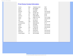 Page 83STU$IPJDF$POUBDU*OGPSNBUJPO

    

 
 
 
 
 
F1rst Choice Contact Information
CountryCode Telephone number Tariff
Austria +43 0810 000206  € 0.07
Belgium +32 078 250851  € 0.06
Denmark +45 3525 8761 Local call tariff
Finland +358 09 2290 1908 Local call tariff
France +33 082161 1658  € 0.09
Germany +49 01803 386 853  € 0.09
Greece +30 00800 3122 1223 Free of charge
Ireland +353 01 601 1161 Local call tariff
Italy +39 840 320 041  € 0.08
Luxembourg +352 26 84 30 00 Local call...