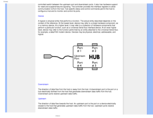 Page 94
Glossary
controlled switch between the upstream port and downstream ports. It als\
o has hardware support 
for reset and suspend/resume signaling. The controller provides the inte\
rface registers to allow 
communication to/from the host. Hub specific status and control commands\
 permit the host to 
configure a hub and to monitor and control its ports. 
Device 
A logical or physical entity that performs a function. The actual entity\
 described depends on the 
context of the reference. At the lowest...