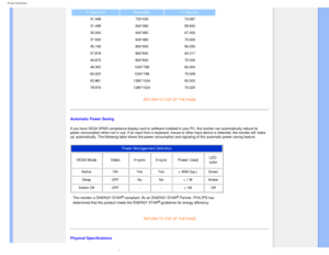 Page 35
Product Information
H. freq (kHz)ResolutionV. freq (Hz)
31.469 720*400 70.087
31.469 640*480 59.940
35.000 640*480 67.000
37.500 640*480 75.000
35.156 800*600 56.250
37.879 800*600 60.317
46.875 800*600 75.000
48.363 1024*768 60.004
60.023 1024*768 75.029
63.981 1280*1024 60.020
79.976 1280*1024 75.025
RETURN TO TOP OF THE PAGE
 
Automatic Power Saving
If you have VESA DPMS compliance display card or software installed in y\
our PC, the monitor can automatically reduce its 
power consumption when not in...