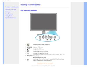 Page 59*OTUBMMJOH:PVS-$%.POJUPS

  

• 
Front View Produt Description
• Connecting to Your PC
• The Base 
• SmartAccessory
• Getting Started 
• Optimizing Performance
Installing Your LCD Monitor
Front View Product Description
1To switch monitors power On and Off
2
To access OSD menu
3
To adjust the OSD menu
4
To adjust brightness of the display
5
InputTo change the signal input source.
6
Automatically adjust the horizontal position, vertical position, phase a\
nd 
clock settings.
 Return...