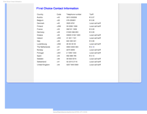 Page 79STU$IPJDF$POUBDU*OGPSNBUJPO

  

 
 
 
 
 
F1rst Choice Contact Information
CountryCodeTelephone number Tariff
Austria +430810 000206  € 0.07
Belgium +32078 250851  € 0.06
Denmark +453525 8761 Local call tariff
Finland +35809 2290 1908 Local call tariff
France +33082161 1658  € 0.09
Germany +4901803 386 853  € 0.09
Greece +3000800 3122 1223 Local call tariff
Ireland +35301 601 1161 Local call tariff
Italy +39840 320 041  € 0.08
Luxembourg +35226 84 30 00 Local call tariff
The...