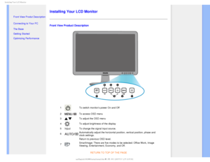 Page 60*OTUBMMJOH:PVS-$%.POJUPS

  

•  Front View Produt Description
• Connecting to Your PC
• The Base 
• Getting Started 
• Optimizing Performance
Installing Your LCD Monitor
Front View Product Description
1To switch monitors power On and Off
2
To access OSD menu
3
To adjust the OSD menu
4
To adjust brightness of the display
5
InputTo change the signal input source.
6
Automatically adjust the horizontal position, vertical position, phase a\
nd 
clock settings.
 Return to previous OSD...