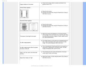 Page 13
5SPVCMFTIPPUJOH

Image vibrates on the screen
µCheck that the signal cable is properly connected to the 
graphics board or PC.

Vertical flicker appears
µPress the Auto button.
µEliminate the vertical bars using the Phase/Clock of Setup in 
OSD Main Controls.

Horizontal flicker appears
µPress the Auto button. 
µEliminate the vertical bars using the Phase/Clock of Setup in 
OSD Main Controls.
The screen is too bright or too dark
µAdjust the contrast and brightness on...