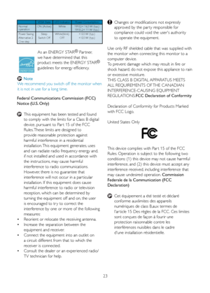 Page 2523
As an ENERGY STAR®
 Par tner, 
we have determined that this 
product meets the ENERGY STAR ®
 
guidelines for energy efficiency.
  Note
We	recommend	you	switch	off	the	monitor	when	
it is not in use for a long time.
VESA State LED Indicator Power Consumption
 Normal 
 operation ON (Active)
White191E2<	16.5	W	(typ.)
191EL2<	11	W	(typ.)
 Power Saving
 Alternative 2
 One step Sleep
Switch Off White(blink) 
OFF <	0.5	W	(typ.)
<	0.5	W	(typ.)
Federal Communications Commission (FCC) 
Notice (U.S. Only)...