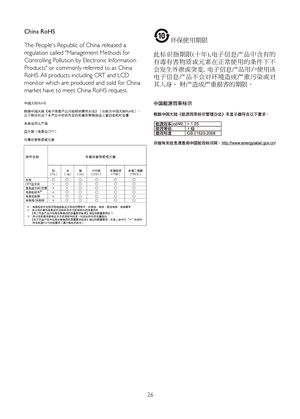 Page 2826
China RoHS 
The	People's	Republic	of	China	released	a	
regulation called "Management Methods for 
Controlling Pollution by Electronic Information 
Products" or commonly referred to as China 
RoHS. All products including CRT and LCD 
monitor which are produced and sold for China 
market have to meet China RoHS request.
环保使用期限 
此标识指期限(十年),电子信息产品中含有的
有毒有害物质或元素在正常使用的条件下不
会发生外泄或突变,  电子信息产品用户使用该
电子信息产品不会对环境造成严重污染或对
其人身、 财产造成严重损害的期限．
 