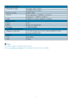 Page 2321
Operating Condition
Temperature range Storage: -20°C to 60°Coperation: 0°C to 40 °C 
Relative humidity 20% to 80%
Altitude Non-operation: + 40,000 ft ( 12,192 m) operation: + 12,000 ft ( 3,658 m)
MTBF 50,000 hrs (192E2), 30,000 hrs (192EL2)
Environmental
ROHS YES
EPEAT Silver (www.epeat.net)
Packaging 100% recyclable
Compliance and standards
 Regulator y Approvals CE Mark, Energy Star 5.0, FCC Class B, SEMKO, TCO5.0,  UL/cUL, ISO9241-307
Cabinet
Color Black/Black
Finish Glossy
  Note 
This data is...