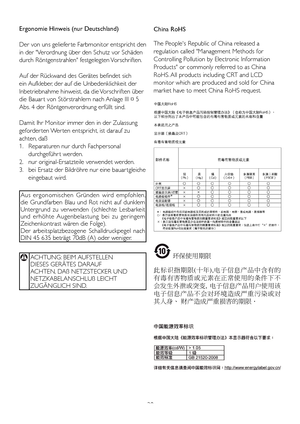 Page 3028
Ergonomie Hinweis (nur Deutschland)
Der von uns geliefer te Farbmonitor entspricht den 
in der Verordnung über den Schutz vor Schäden 
durch Röntgenstrahlen festgelegten Vorschriften. 
Auf der Rückwand des Gerätes befindet sich 
ein Aufkleber, der auf die Unbedenklichkeit der 
Inbetriebnahme hinweist, da die Vorschriften über 
die Bauar t von Störstrahlern nach Anlage III ¤ 5 
Abs. 4 der Röntgenverordnung erfüllt sind. 
Damit Ihr Monitor immer den in der Zulassung 
geforder ten Wer ten entspricht, ist...