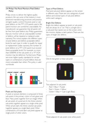 Page 1917 3.4  Philips Flat Panel Monitors Pixel Defect 
Policy
Philips strives to deliver the highest quality 
products. We use some of the industr ys most 
advanced manufacturing processes and practice 
stringent quality control. However, pixel or sub 
pixel defects on the TFT LCD panels used in flat 
panel monitors are sometimes unavoidable. No 
manufacturer can guarantee that all panels will 
be free from pixel defects, but Philips guarantees 
that any monitor with an unacceptable number 
of defects will be...