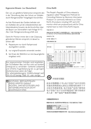 Page 2725
Ergonomie Hinweis (nur Deutschland)
Der von uns geliefer te Farbmonitor entspricht den 
in der "Verordnung über den Schutz vor Schäden 
durch Röntgenstrahlen" festgelegten Vorschriften. 
Auf der Rückwand des Gerätes befindet sich 
ein Aufkleber, der auf die Unbedenklichkeit der 
Inbetriebnahme hinweist, da die Vorschriften über 
die	Bauar t	von	Störstrahlern	nach	Anlage	III	¤	5	
Abs. 4 der Röntgenverordnung erfüllt sind. 
Damit Ihr Monitor immer den in der Zulassung 
geforder ten Wer ten...