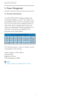 Page 2321
5. Power Management
5.1 Automatic PowerSaving
If you have VESA DPM compliance display card 
or software installed in your PC, the monitor can 
automatically reduce its power consumption when 
not in use. If an input from a keyboard, mouse or 
other input device is detected, the monitor will 
wake up automatically. The following table shows 
the power consumption and signaling of this 
automatic power saving feature:
!
Power Management DefinitionVESA 
Mode  Video  H-sync  V-sync  Power Used LED color...