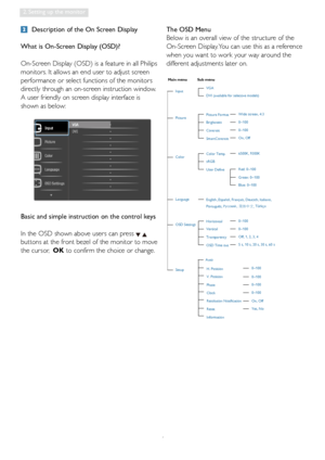 Page 86
2. Setting up the monitor
 Description of the On Screen Display
What is On-Screen Display (OSD)?
On-Screen Display (OSD) is a feature in all Philips 
monitors. It allows an end user to adjust screen 
performance or select functions of the monitors 
directly through an on-screen instruction window. 
A user friendly on screen display interface is 
shown as below:
Basic and simple instruction on the control keys
In the OSD shown above users can press 
 
buttons at the front bezel of the monitor to move...