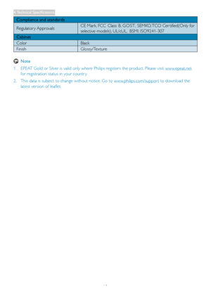 Page 20
18
Compliance and standards
Regulator y ApprovalsCE Mark, FCC  Class  B,  G O ST , SEMKO, TCO Cer tified(Only for 
selective models), UL/cUL,  BSMI, ISO9241-307
Cabinet
ColorBlack
FinishGlossy/Texture 
 Note 
1.  EPEAT Gold or Silver is valid only where Philips registers the product. Please visit www.epeat.net 
for registration status in your countr y.
2.  This data is subject to change without notice. Go to www.philips.com/suppor t to download the 
latest version of leaflet.

00170011  