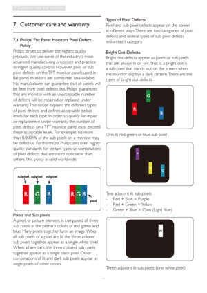 Page 4341
7. Customer care and warranty
7  Customer care and warranty
Philips strives to deliver the highest quality 
products. We use some of the industr ys most 
advanced manufacturing processes and practice 
stringent quality control. However, pixel or sub 
pixel defects on the TFT monitor panels used in 
flat panel monitors are sometimes unavoidable. 
No manufacturer can guarantee that all panels will 
be free from pixel defects, but Philips guarantees 
that any monitor with an unacceptable number 
of...