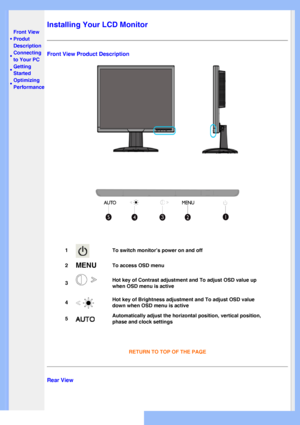 Page 42
   
       
 
 
• 
Front View 
Produt 
Description
 • 
Connecting 
to Your PC
 • Getting 
Started 
 • Optimizing 
Performance
Installing Your LCD Monitor
Front View Product Description
 
 
 
 
1To switch monitor’s power on and off
2
MENUTo access OSD menu
3
Hot key of Contrast adjustment and To adjust OSD value up 
when OSD menu is active
4
Hot key of Brightness adjustment and To adjust OSD value 
down when OSD menu is active 
5
  Automatically adjust the horizontal position, vertical position, 
phase...