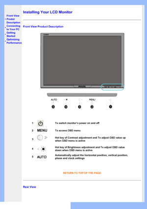 Page 43
•Front View 
Produt
Description
•
Connecting
to Your PC
•Getting
Started
•Optimizing
Performance
Installing Your LCD Monitor
Front View Product Description
1To switch monitor’s power on and off
2MENUTo access OSD menu
3Hot key of Contrast adjustment and To adjust OSD value up 
when OSD menu is active
4Hot key of Brightness adjustment and To adjust OSD value 
down when OSD menu is active 
5Automatically adjust the horizontal position, vertical position, 
phase and clock settings
RETURN TO TOP OF THE...