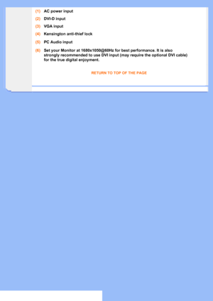 Page 47
(1)AC power input
(2) DVI-D input
(3) VGA input
(4) Kensington anti-thief lock
(6) Set your Monitor at 1680x1050@60Hz for best performance. It is also 
strongly recommended to use DVI input (may require the optional DVI cable) 
for the true digital enjoyment.
RETURN TO TOP OF THE PAGE
(5)PC Audio input
 
