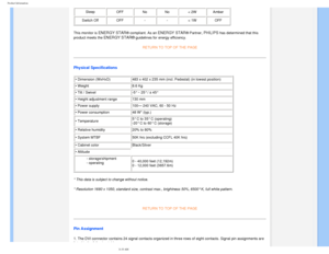 Page 32
Product Information
Sleep OFF No No < 2W Amber 
Switch Off OFF--< 1W OFF
This monitor is 
ENERGY STAR® compliant. As an ENERGY STAR® Partner, PHILIPS has determined that this 
product meets the 
ENERGY STAR® guidelines for energy efficiency.
RETURN TO TOP OF THE PAGE
Physical Specifications 
• Dimension (WxHxD)  483 x 402 x 235 mm (incl. Pedestal) (in lowest position) 
• Weight  8.6 Kg 
• Tilt / Swivel -5° ~ 25° / ± 45° 
• Height adjustment range  130 mm
• Power supply 100— 240 VAC, 60 - 50 Hz
• Power...