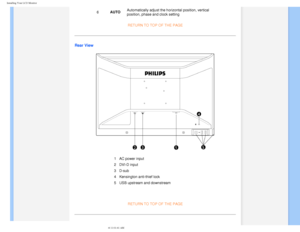 Page 52
Installing Your LCD Monitor 
 
6AUTO Automatically adjust the horizontal position, vertical 
position, phase and clock setting
RETURN TO TOP OF THE PAGE
Rear View
1 AC power input
2 DVI-D input
3 D-sub
4 Kensington anti-thief lock
5 USB upstream and downstream
 
RETURN TO TOP OF THE PAGE 
    
 
   
file:///D|/EDFU/LCD/200WP7/manual/ENGLISH/200WP7/INSTALL/install.htm (2\
 of 3)2006-08-04 11:01:41 AM 
