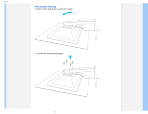 Page 58
The Base
 
VESA Standard Mounting 
1) Place monitor face down on a smooth surface.  
 
 
 
2) Unscrew the 4 screws at the base. 
 
 
file:///D|/EDFU/LCD/200WP7/manual/ENGLISH/200WP7/INSTALL/base.htm (3 of\
 5)2006-08-04 11:01:54 AM 