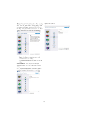 Page 1917
Options>Input - Will only be active when selecting 
Input from the drop-down Options menu. On a 
non-suppor ted display capable of DDC/CI, only 
WKH+HOSDQG2SWLRQVWDEVDUHDYDLODEOH$OORWKHU
Smar tControl Premium tabs are not available.
vDisplay the Source instruction pane and 
current input source setting. 
vOn single input displays, this pane will not be 
visible.
Options>Audio - Will only be active when 
selecting Volume from the drop-down Options 
menu.
On a non-suppor ted display capable...