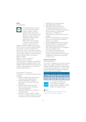 Page 3432v (&/RZ9ROWDJHLUHFWLYH
v (&(0&LUHFWLYH
v (&(X3LUHFWLYH(&1R
1275/2008 mplementing Directive for 
Standby and Off mode power consumption) 
and is produced by a manufacturing   
organization on ISO9000 level. 
The product also comply with the following 
standards
v ,62(UJRQRPLFUHTXLUHPHQW
 $QDO\VLVDQGFRPSOLDQFHWHVWPHWKRGVIRU
electronic visual displays)  
v *6(.*6PDUNUHTXLUHPHQW
v...