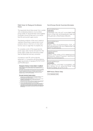Page 3735 Polish Center for Testing and Certification 
Notice
The equipment should draw power from a socket 
with an attached protection circuit (a three-
SURQJVRFNHW$OOHTXLSPHQWWKDWZRUNVWRJHWKHU
(computer, monitor, printer, and so on) should 
have the same power supply source.
The phasing conductor of the room's electrical 
installation should have a reser ve shor t-circuit 
protection device in the form of a fuse with a 
QRPLQDOYDOXHQRODUJHUWKDQDPSHUHV$
To completely switch off the...