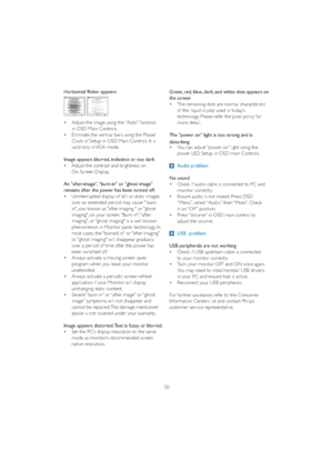 Page 5250
Horizontal flicker appears
v $GMXVWWKHLPDJHXVLQJWKHk$XWRyIXQFWLRQ
 LQ260DLQ&RQWUROV
v (OLPLQDWHWKHYHU WLFDOEDUVXVLQJWKH3KDVH
 &ORFNRI6HWXSLQ260DLQ&RQWUROV,WLV
 YDOLGRQO\LQ9*$PRGH
Image appears blurred, indistinct or too dark
v $GMXVWWKHFRQWUDVWDQGEULJKWQHVVRQ
On-Screen Display.
An "after-image", "burn-in" or "ghost image" 
remains after the power has been turned off.
v 8QLQWHUUXSWHGGLVSOD\RIVWLOORUVWDWLFLPDJHV
over an...