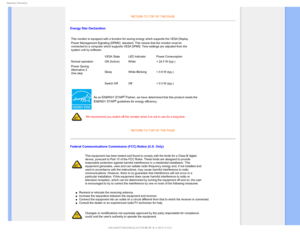 Page 153FHVMBUPSZ*OGPSNBUJPO
RETURN TO TOP OF THE PAGE

Energy Star Declaration
This monitor is equipped with a function for saving energy which support\
s the VESA Display 
Power Management Signaling (DPMS)
 standard. This means that the monitor must be 
connected to a computer which supports VESA DPMS. Time settings are adju\
sted from the 
system unit by software.
VESA State LED Indicator Power Consumption
Normal operation ON (Active)  White < 24.5 W (typ.)
Power Saving
Alternative 2
One step Sleep...