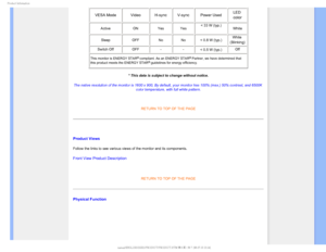 Page 291SPEVDU*OGPSNBUJPO
VESA ModeVideoH-syncV-sync Power Used LED 
color
ActiveONYesYes< 33 W (typ.) White
SleepOFFNoNo< 0.8 W(typ.)White 
(Blinking)

Switch Off OFF--
< 0.5 W(typ.) Off
This monitor is ENERGY STAR® compliant. As an ENERGY STAR® Partner, we have determined that 
this product meets the ENERGY STAR® guidelines for energy efficiency.
* This data is subject to change without notice.
The native resolution of the monitor is 1600 x 900, By default, your mon\
itor has 100% (max.)...