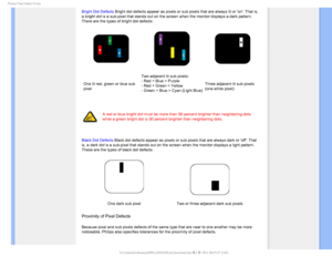 Page 321IJMJQT1JYFM%FGFDU1PMJDZ

Bright Dot Defects Bright dot defects appear as pixels or sub pixels that are always lit o\
r on. That is, 
a bright dot is a sub-pixel that stands out on the screen when the monitor displays \
a dark pattern. 
There are the types of bright dot defects:
One lit red, green or blue sub 
pixelTwo adjacent lit sub pixels:
- Red + Blue = Purple
- Red + Green = Yellow
- Green + Blue = Cyan (Light Blue)
Three adjacent lit sub pixels 
(one white pixel)


A red or blue bright dot...