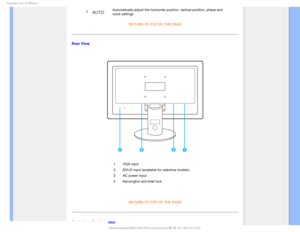 Page 36*OTUBMMJOH:PVS-$%.POJUPS

7Automatically adjust the horizontal position, vertical position, phase a\
nd 
clock settingsRETURN TO TOP OF THE PAGE
Rear View

1VGA input
2 DVI-D input (available for selective models) 
3 AC power input
4 Kensington anti-thief lock

RETURN TO TOP OF THE PAGE
Optimizing Performance


 
GJMF&]-$%.POJUPS0&.1IJMJQT.QSPKFDU&&&%6#:$%$POUFOUTMDENBOVBM&/(-*4)&JOTUBMMJOT 