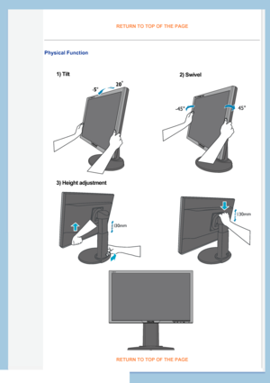 Page 33
1) 
RETURN TO TOP OF THE PAGE 
Physical Function 
RETURN TO TOP OF THE PAGE 
2) Swivel1) Tilt
20 
5 
3) Height adjustment
WB022WB022
220BW 
 