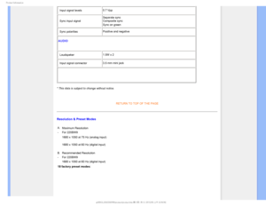 Page 351SPEVDU*OGPSNBUJPO

• Input signal levels0.7 Vpp
• Sync input signal Separate sync
 Composite sync 
Sync on green

• Sync polarities
Positive and negative
AUDIO
• Laudspeker1.5W x 2
• Input signal connector 3.5 mm mini jack

* This data is subject to change without notice.

RETURN TO TOP OF THE PAGE
Resolution & Preset Modes
A.
Maximum Resolution  
- For 220BW9

1680 x 1050 at 75 Hz (analog input)
1680 x 1050 at 60 Hz (digital input)
B. Recommended Resolution
- For 220BW9
1680 x 1050 at 60 Hz...