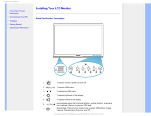 Page 68*OTUBMMJOH:PVS-$%.POJUPS

  

•  Front View Product 
Description
• 
Connecting to Your PC
• The Base 
• Getting Started 
• Optimizing Performance
Installing Your LCD Monitor
Front View Product Description
1To switch monitors power On and Off
2
To access OSD menu
3
To adjust the OSD menu 
4
To adjust brightness of the display
5
To adjust volume of the display
6
Automatically adjust the horizontal position, vertical position, phase a\
nd 
clock settings / Return to previous OSD level...
