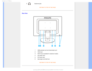 Page 69*OTUBMMJOH:PVS-$%.POJUPS

8Earphone jackRETURN TO TOP OF THE PAGE
Rear View

1USB upstream port and downstream port
2 VGA input
3 DVI-D input (available for selective models)
4 AC power input
5 PC Audio input 
6 Kensington anti-thief lock
RETURN TO TOP OF THE PAGE



 
GJMF&]-$%.POJUPS0&.1IJMJQT.1QSPKFDU#8#8&)$%$POUFOUTMDENBOVBM&/(-*4)#8JOTUBMMJOTUBM 