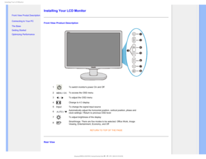 Page 60*OTUBMMJOH:PVS-$%.POJUPS

  

•  Front View Produt Description
• Connecting to Your PC
• The Base 
• Getting Started 
• Optimizing Performance

Installing Your LCD Monitor
Front View Product Description
1To switch monitors power On and Off
2
To access the OSD menu
3
To adjust the OSD menu 
4
Change to 4:3 display
5
InputTo change the signal input source
6
Automatically adjust the horizontal position, vertical position, phase a\
nd 
clock settings / Return to previous OSD level
7
To...