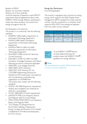 Page 29
27
Benefits of EPEAT
Reduce use of primar y materials
Reduce use of toxic materials
Avoid the disposal of hazardous waste EPEAT’S 
requirement that all registered products meet 
ENERGY STAR’s energy efficiency specifications, 
means that these products will consume less 
energy throughout their life.
CE Declaration of Conformity
This product is in conformity with the following 
standards 
•	 EN60950-1:2006
	
(Safety
	
requirement
	
of
	
	
 
Information Technology Equipment) 
•	 EN55022:2006
	
(Radio...
