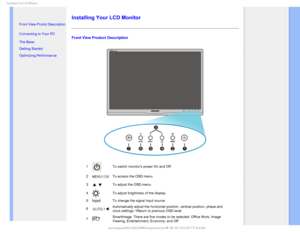 Page 67*OTUBMMJOH:PVS-$%.POJUPS

  

•  Front View Produt Description
• Connecting to Your PC
• The Base 
• Getting Started 
• Optimizing Performance
Installing Your LCD Monitor
Front View Product Description
1To switch monitors power On and Off
2
To access the OSD menu
3
To adjust the OSD menu 
4
To adjust brightness of the display
5
InputTo change the signal input source
6
Automatically adjust the horizontal position, vertical position, phase a\
nd 
clock settings / Return to previous...