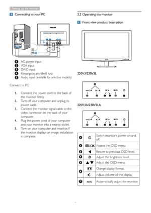 Page 75
2. Setting up the monitor
  Connecting to your PC
  AC power input
 VGA input
 DVI-D input
  Kensington anti-theft lock
 Audio input (available for selective models)
Connect to PC
1. Connect the power cord to the back of 
the monitor firmly.
2. Turn off your computer and unplug its 
power cable.
3. Connect the monitor signal cable to the 
video connector on the back of your 
computer.
4. Plug the power cord of your computer 
and your monitor into a nearby outlet.
5. Turn on your computer and monitor....