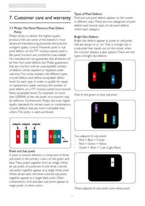 Page 3028
7. Customer care and warranty
7.  Customer care and warranty
Philips strives to deliver the highest quality 
products. We use some of the industr ys most 
advanced manufacturing processes and practice 
stringent quality control. However, pixel or sub 
pixel defects on the TFT monitor panels used in 
flat panel monitors are sometimes unavoidable. 
No manufacturer can guarantee that all panels will 
be free from pixel defects, but Philips guarantees 
that any monitor with an unacceptable number 
of...