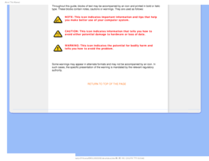 Page 27CPVU5IJT.BOVBM
Throughout this guide, blocks of text may be accompanied by an icon and \
printed in bold or italic 
type. These blocks contain notes, cautions or warnings. They are used as\
 follows:
NOTE: This icon indicates important information and tips that help 
you make better use of your computer system.
CAUTION: This icon indicates information that tells you how to 
avoid either potential damage to hardware or loss of data.
WARNING: This icon indicates the potential for bodily harm and 
tells...
