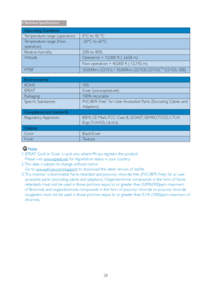 Page 3028
Operating Condition
Temperature range (operation) 0°C to 40 °C
Temperature range (Non-
operation) -20°C to 60°C 
Relative humidity 20% to 80%
Altitude Operation: + 12,000 ft ( 3,658 m)
Non-operation: + 40,000 ft ( 12,192 m)
MTBF 50,000hrs (221S3) / 30,000hrs (221S3L/221S3L
Plus/221S3L SEB)
Environmental
ROHS YES
EPEAT Silver (www.epeat.net)
Packaging 100% recyclable
Specific Substances PVC/BFR  Free
3 for User Accessible Par ts (Excluding Cables and 
Adaptors)
Compliance and standards
Regulator y...