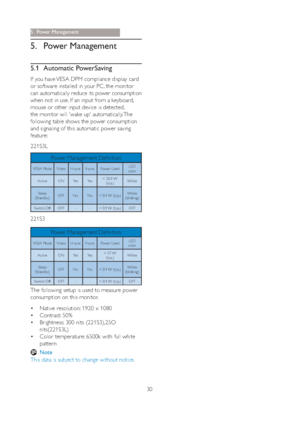 Page 3230
5. Power Management
5.1 Automatic PowerSaving
If you have VESA DPM compliance display card 
or software installed in your PC, the monitor 
can automatically reduce its power consumption 
when not in use. If an input from a keyboard, 
mouse or other input device is detected, 
the monitor will 'wake up' automatically. The 
following table shows the power consumption 
and signaling of this automatic power saving 
feature: 
221S3L
Power Management Definition
VESA Mode  Video H-sync V-sync  Power...