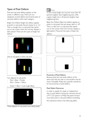 Page 2725
Note
A red or blue bright dot must be more than 50 
percent brighter than neighboring dots while 
a green bright dot is 30 percent brighter than 
neighboring dots.
Black Dot Defects Black dot defects appear as 
pixels or sub pixels that are always dark or 'off'. 
That is, a dark dot is a sub-pixel that stands 
out on the screen when the monitor displays a 
light pattern. These are the types of black dot 
defects:
Proximity of Pixel Defects 
Because pixel and sub pixels defects of the 
same...